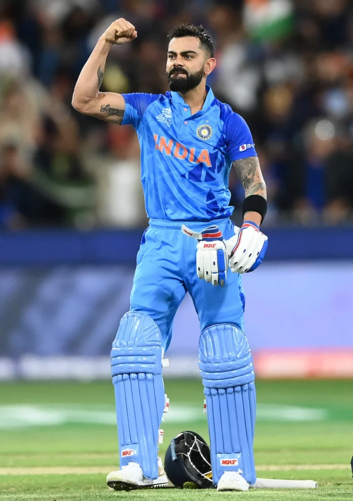 India's Virat Kohli hits the ball in a game against Sri Lanka in the Cricket World Cup 2023. The match takes place at Wankhede Stadium in Mumbai on Thursday.