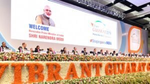 The Prime Minister, Shri Narendra Modi and other dignitaries at the inaugural session of the 9th edition of Vibrant Gujarat Summit - 2019 at Mahatma Mandir Exhibition cum Convention Centre, in Gandhinagar, Gujarat on January 9 2024.