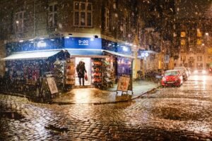 Snow at Christianshavn and the local Irma supermarket, winter in Copenhagen 